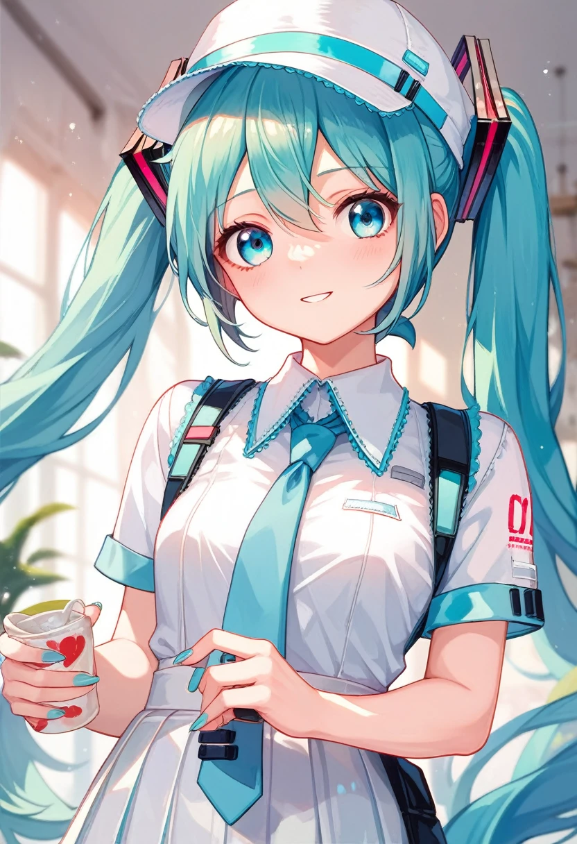 qualidade mestre,Hatsune Miku,1 garota,,uniforme de berçário nsfw,avental,balde ｈａｔ