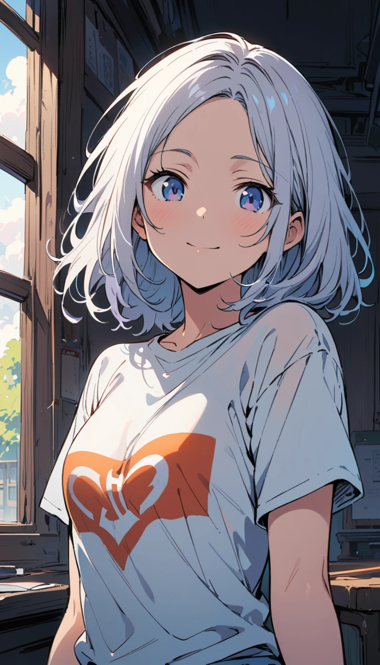 masterpiece,Extremely detailed CG unified 8k wallpaper,masterpiece, Highest quality, One girl, whitish eyes,center parted hair、forehead,sholder length hair、medium hair、white hair、T-Shirts,(crop top navel:0.8)、gentle smile、Very sexy、upper body,from front,
