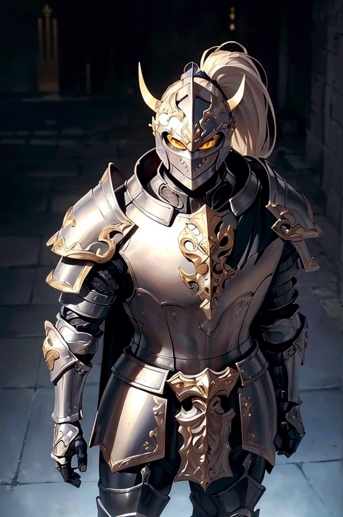 (masterpiece; best quality: 1.2), (finely detailed eyes: 1.3), ((full armored knight man)), ((solo)), (yellow eyes: 1.4), (body; muscular, lean, masculine: 1.3), (beautiful and clear background: 1.2), ((depth of field)), (equipment: full plate black medieval armor + closed helmet with ponytail + long black cape: 1.3), (anime illustration: 1.2), (background composition; fantasy castle corridor + furniture: 1.1), (extremely fine and handsome: 1.1), (shot composition; standing + centered on torso + close-up: 1.5), (expression; calm, stoic: 1.2)