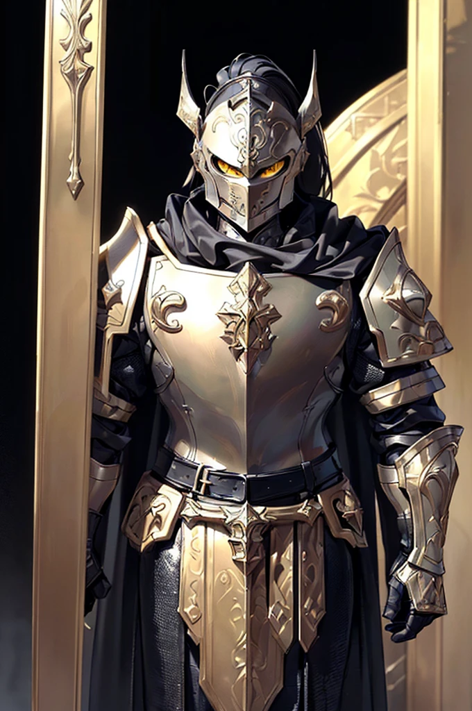 (masterpiece; best quality: 1.2), (finely detailed eyes: 1.3), ((full armored knight man)), ((solo)), (yellow eyes: 1.4), (body; muscular, lean, masculine: 1.3), (beautiful and clear background: 1.2), ((depth of field)), (equipment: full plate black medieval armor + closed helmet with ponytail + long black cape: 1.3), (anime illustration: 1.2), (background composition; fantasy castle corridor + furniture: 1.1), (extremely fine and handsome: 1.1), (shot composition; standing + centered on torso + close-up: 1.5), (expression; calm, stoic: 1.2)