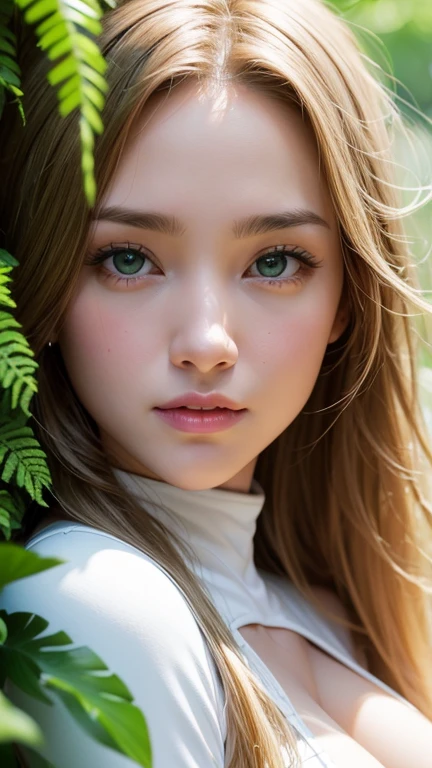Strong light, Strong contrast, In an open-roofed cave、Sunlight shines through green moss and ferns。, And open( Ocean View:1.1) end, Cel-shaded rendering, 4K, 360 degrees, Equirectangular projection, what, One Girl, 30-year-old woman､Beautiful woman､Long Blonde Hair､White Latex Leotard､White long boots､White arm cover､masterpiece, 最high quality, high quality, High resolution, (((Face close-up)))、Large Breasts、Cleavage、Sexy look ,medium long shot