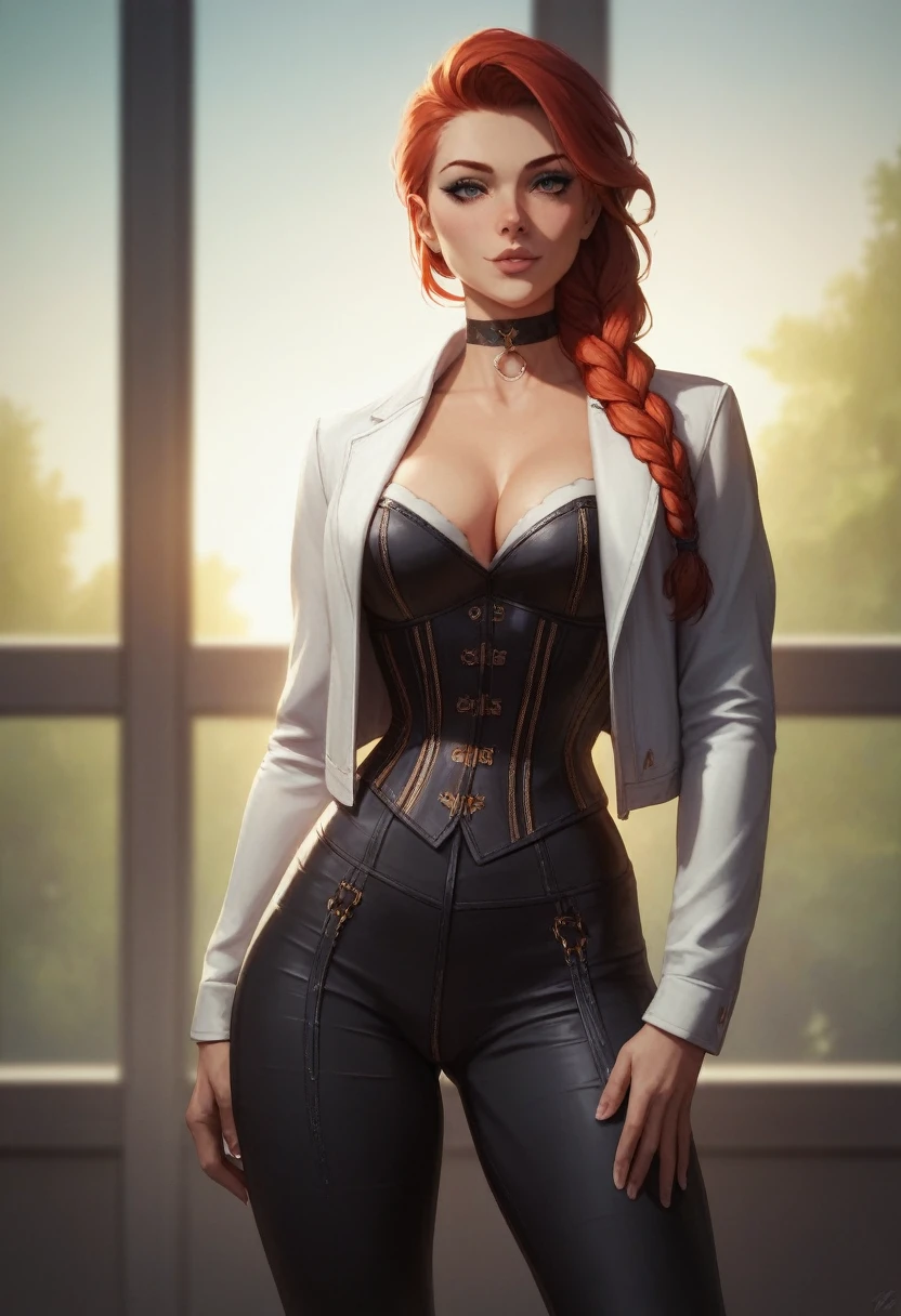 NSFW,One girl, Portrait of a beautiful donkey pex, Athletic ability, White jacket, corset, skirt, pants, Black Hair, Redhead, Braid, compensate, choker, Cleavage, Wide Hips, open pussy,Volumetric lighting, Highest quality, masterpiece, Intricate details, Tone Mapping, Sharp focus, Super detailed, Trending on Art Station, Realistic