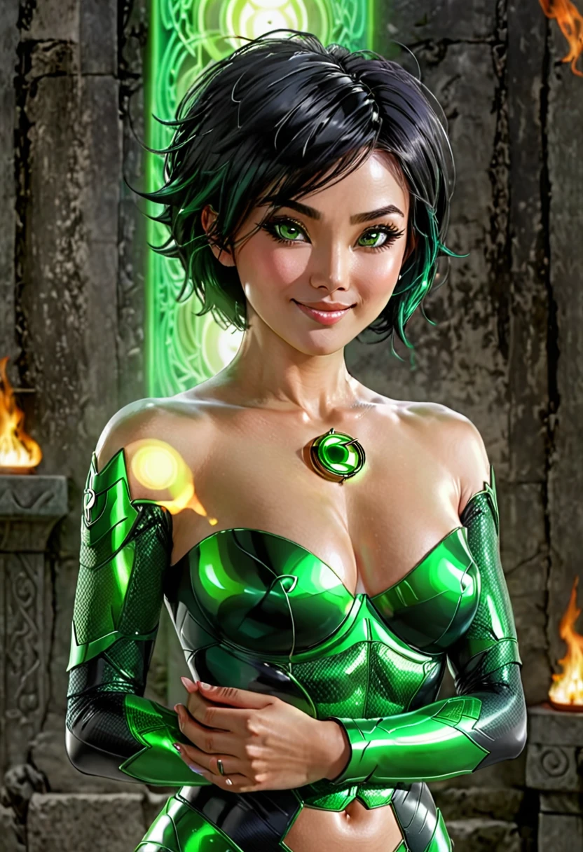  Woman, short black hair, greeneyes, smiling, body completo, wearing a green ring, light background, medium breasts, sensuous, Female One, work of art, crossed arms, beautiful detailed eyes, face detailed, gazing at viewer, Ablaze, darkness background, retrato de meio corpo, green lantern, quarterly view, green aura, Asian, detailed hands,