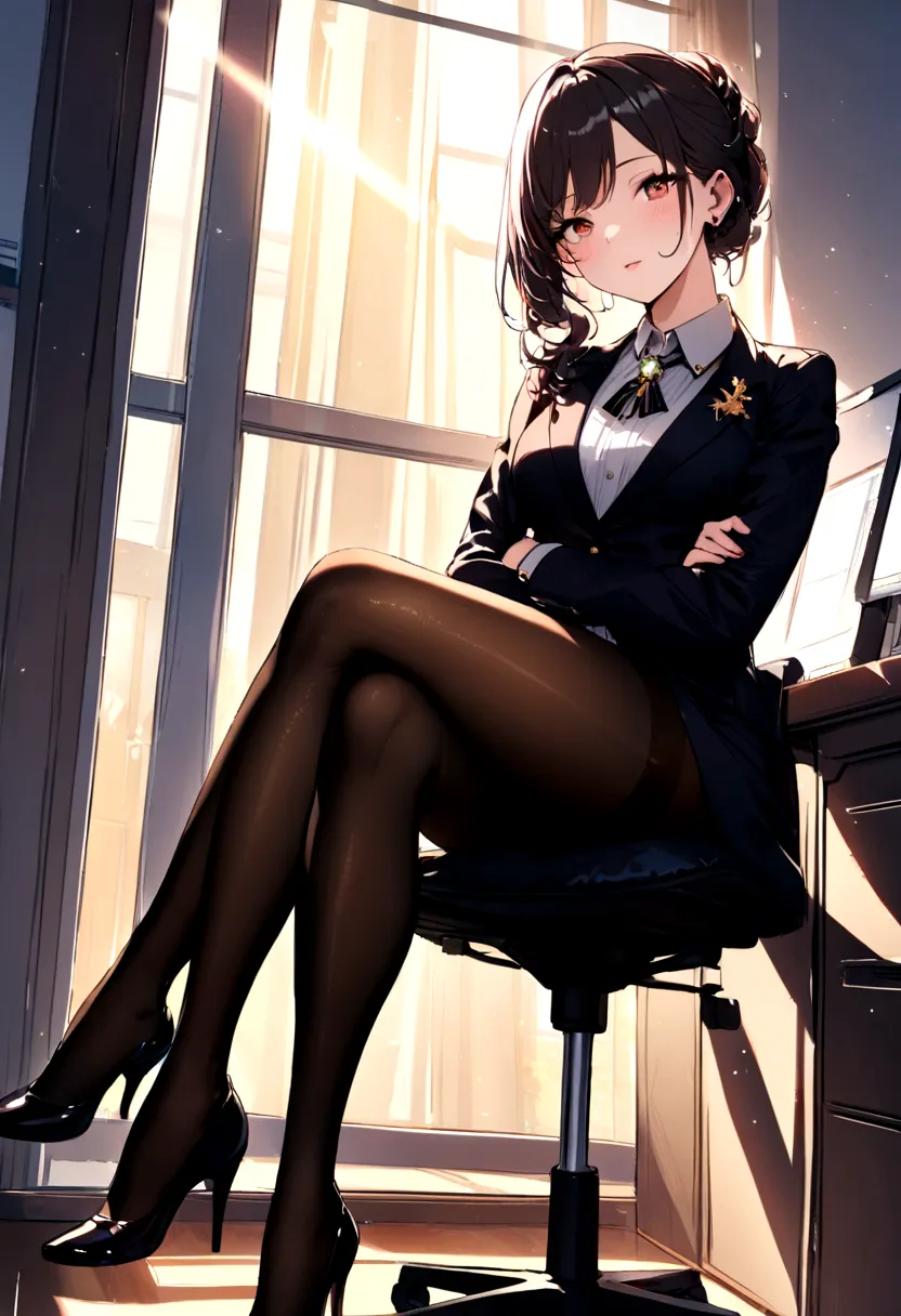 crossed legs,office,pantyhose, rays of light, elegance face