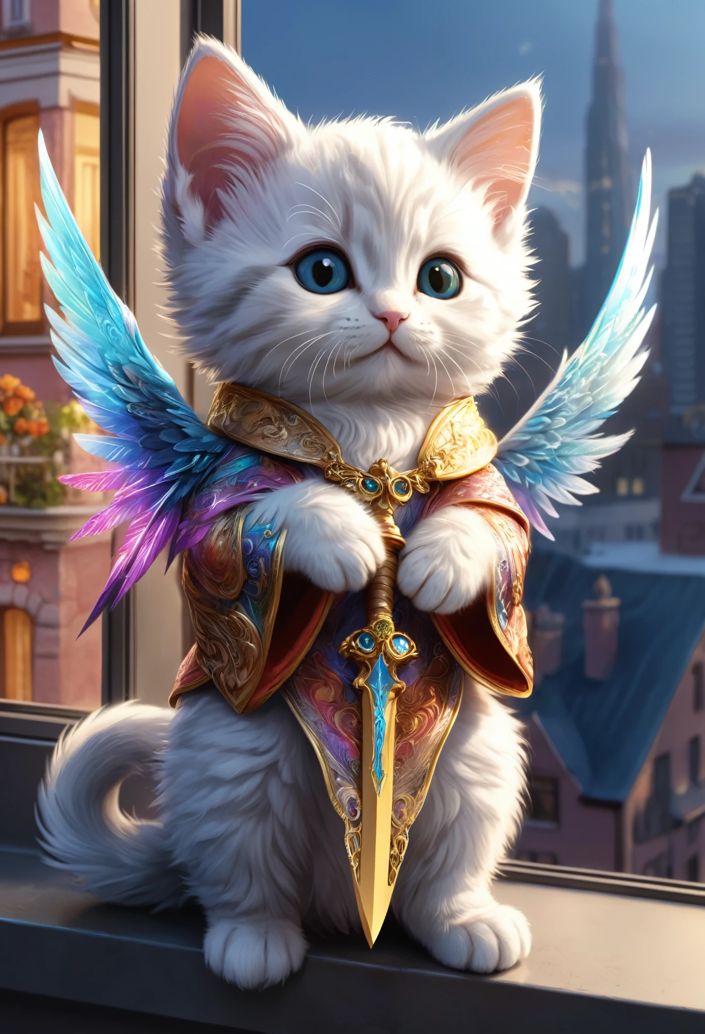 (Soft epic drawing:1.3), close-up of (cute anthropomorphic kitten angel:1.3) (holding long sharp magic blade:1.2), (long intricate robe:1.2), wide wings, (sitting on edge of modern building:1.3), colorful buildings, masterpiece in maximum 16K resolution, best quality, ultra detailed.