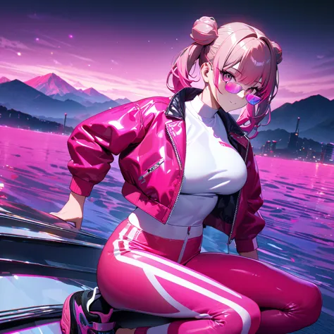 a woman wearing hot pink leather jacket, open jacket, wearing a white shirt with pink string, pink sports pants, sports sneakers...