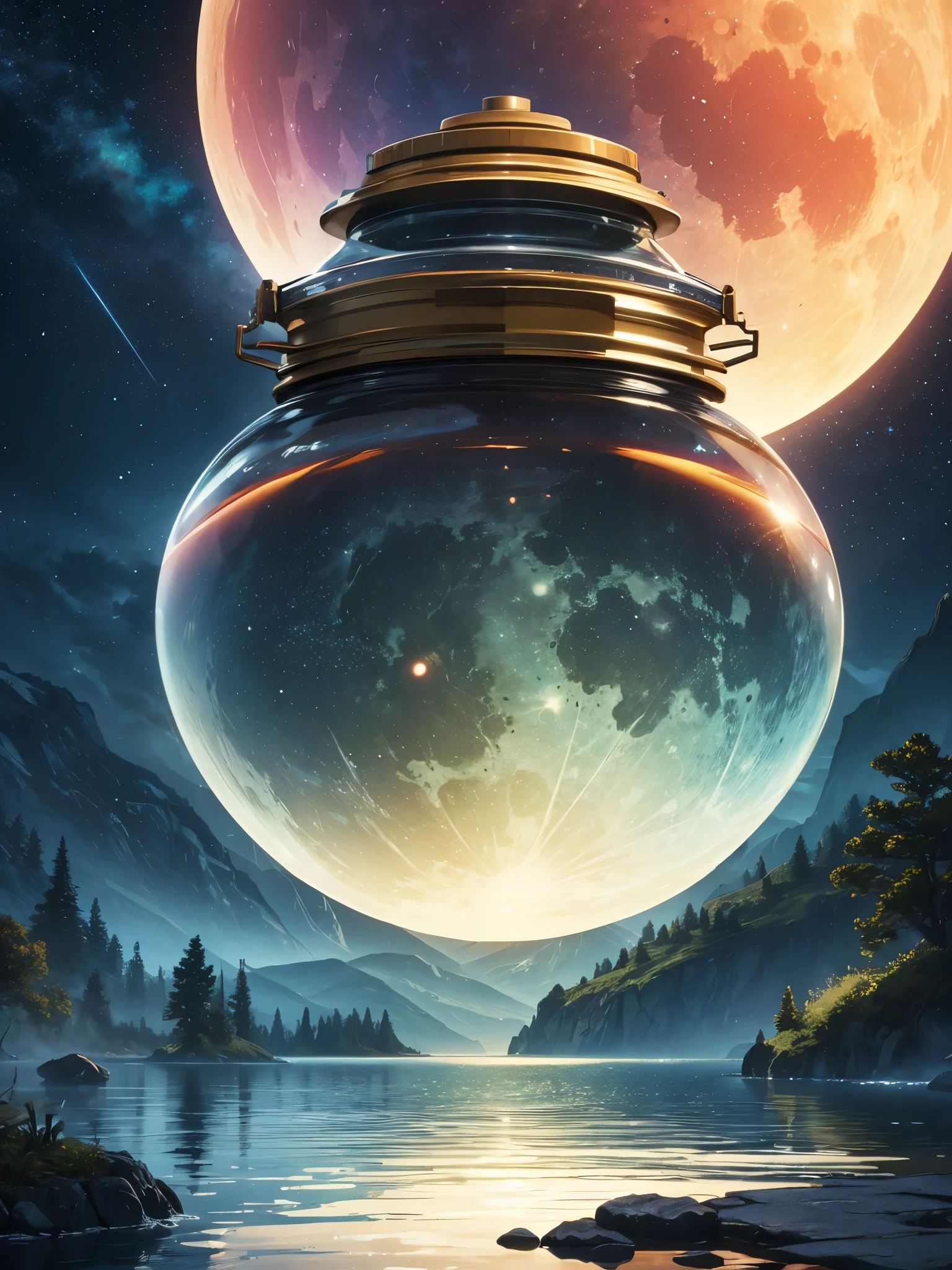 a colossal bottle that contained a majestic lake ,  very high quality and very detailed scene , octane rendering, Starry sky , dreams , Giant green moon , Heaven&#39;s Vault , Inspiration, Imagination  