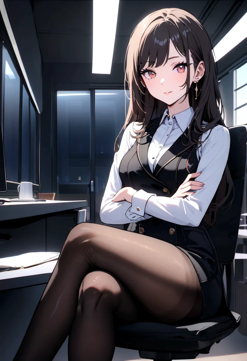 crossed legs,office,pantyhose, rays of light, elegance face