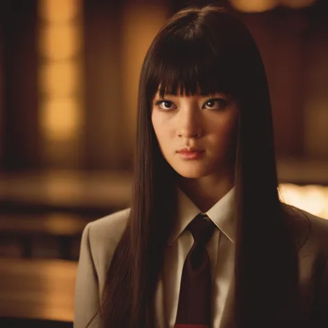 cinematic film still of  cinematic film image of gogo yubari a woman with a very long hair and a tie,1girl,solo,looking at viewe...