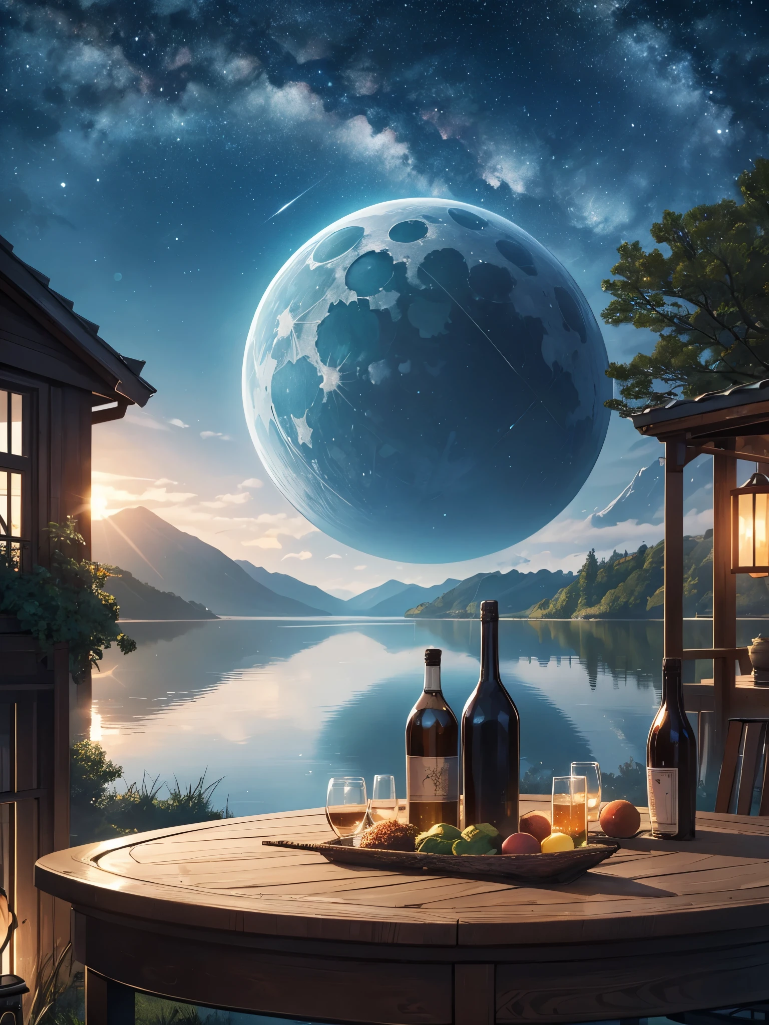 uma garrafa colossal que continha um lago majestoso ,  cena muito alta qualidade e muito detalhada , renderização de octanas, céu estrelado , Sonhos , Lua verde gigante , paraíso&#39;Cofre , Inspiração, Imaginação  