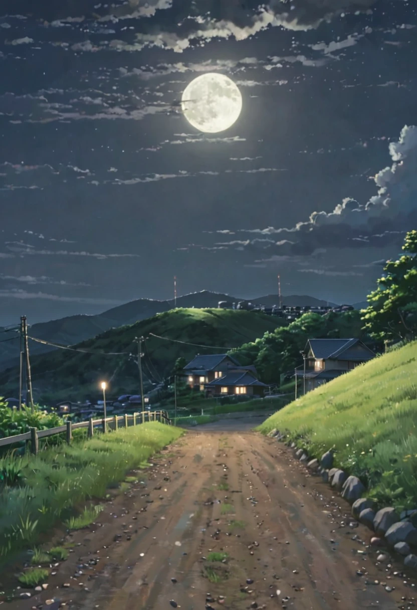 (background),Summer night countryside, Residential area on the hill, Grass, wood々and gravel road, moonlight、8K quality (makoto shinkai)
 style)