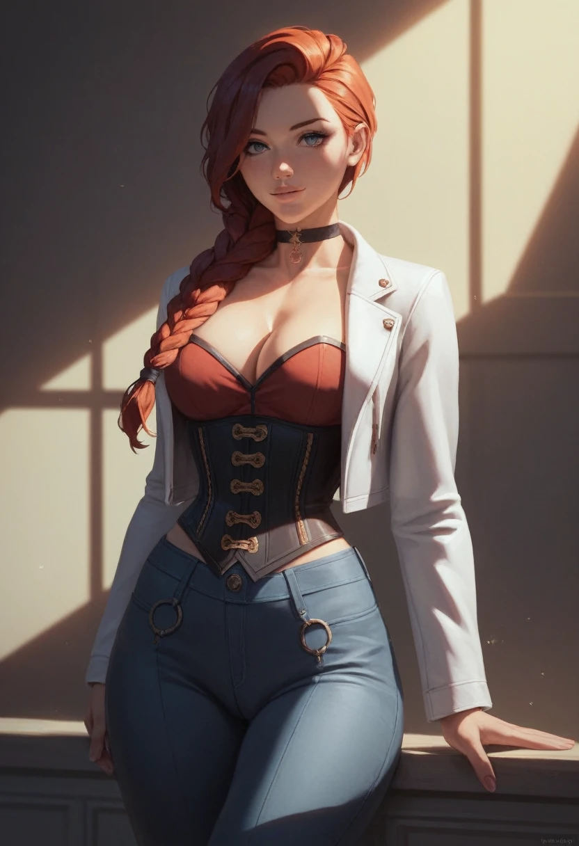 NSFW,One girl, Portrait of a beautiful donkey pex, Athletic ability, White jacket, corset, skirt, pants, Black Hair, Redhead, Braid, compensate, choker, Cleavage, Wide Hips, Volumetric lighting, Highest quality, masterpiece, Intricate details, Tone Mapping, Sharp focus, Super detailed, Trending on Art Station, Realistic anime,cartoon,pantsにpussy line