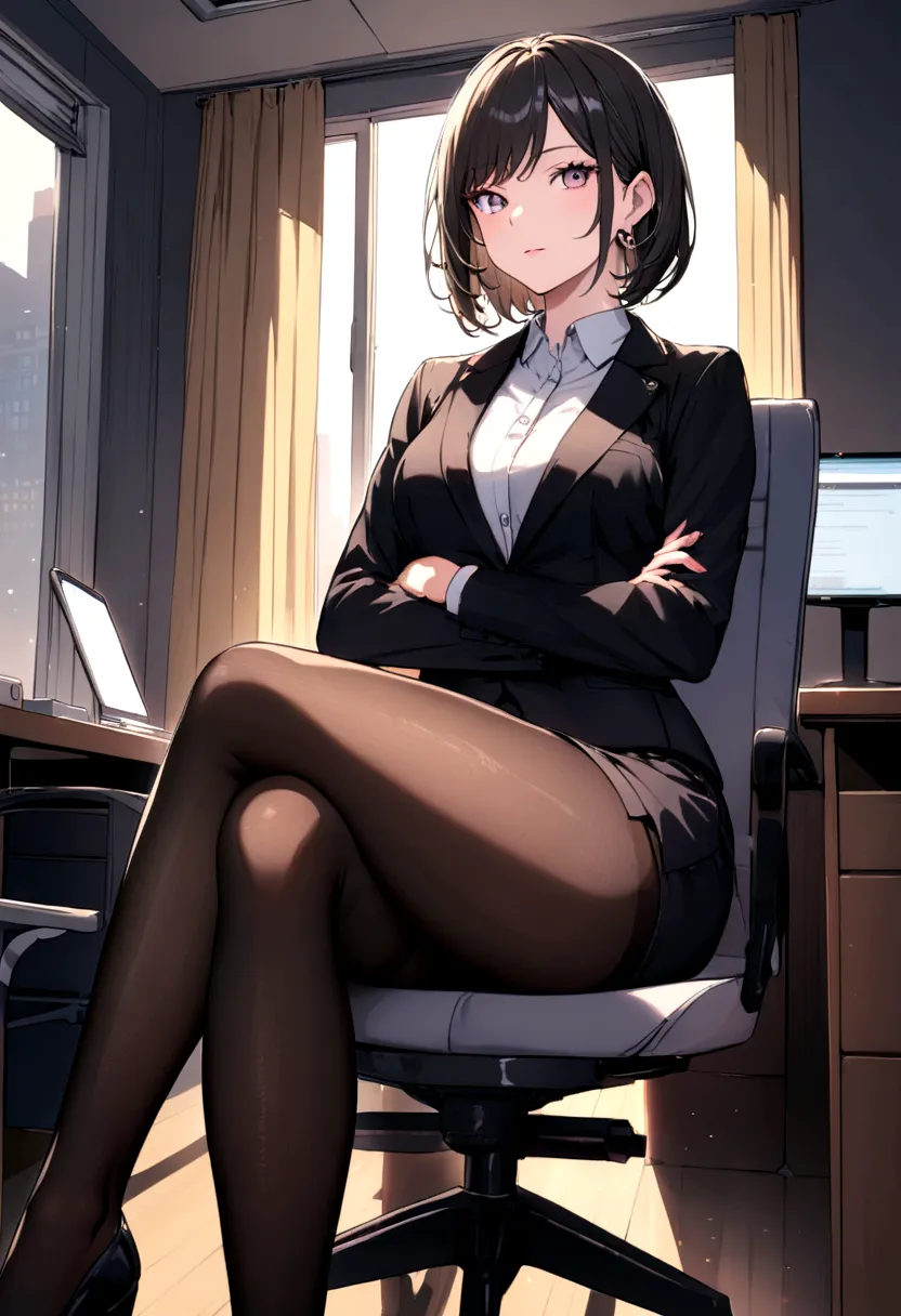 crossed legs,office,pantyhose, rays of light, elegance face