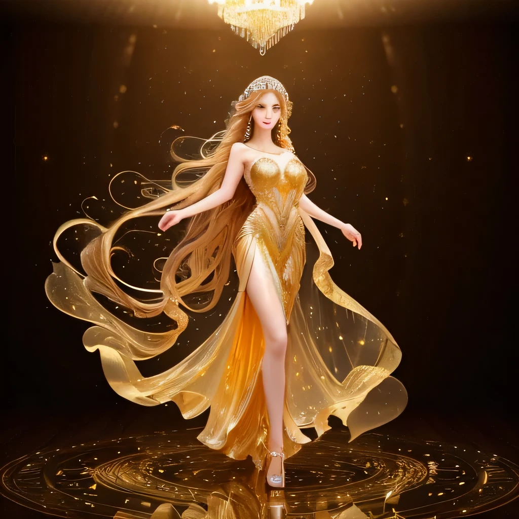 (ultra-realistisch,Hohe Auflösung:1.2),schöne Frau in goldenem, durchsichtigem Kleid ,Schöne, detaillierte Augen,langes wallendes Haar,schwebende ätherische Stoffe,Elegante Pose,leuchtend gefärbt,sanfte Beleuchtung,luxuriöse Textur,ätherische Atmosphäre,Porträt,romantisch,farbenfroh,Vorschlag für ein Geheimnis, Amerikanisches Gesicht, goldene lange Haare, Goldhaut