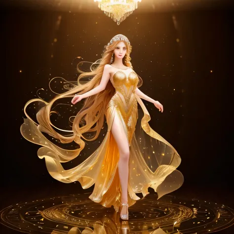 (Ultra-realistic,high resolution:1.2),beautiful woman in golden transparent dress ,beautiful detailed eyes,Long flowing hair,flo...