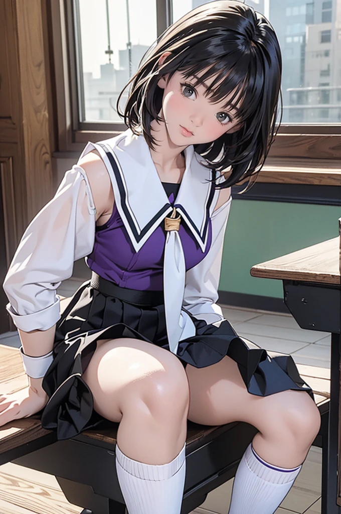 8K、Highest quality、(masterpiece:1.2)、Genuine、Super quality、Ultra-high resolution、1 person、Beautiful Face、Perfect body、((black Bob))、Waistline、(Waist Slim:1.3)、Beautiful Skin、Skin Texture、Floating Hair、(((High School Uniform)))、classroom、Blushing、((Full Body Shot))、high school girl、white tank top、Panty shot、white panties,The texture of the thin cotton material and the wrinkles in the panties are expressed in detail.、Fine and beautiful hair texture、Detailed depiction of large pink areola、Sit on a desk and spread your legs wide,Yoshizuki_Iori School_uniform_purple_shirt_green_skirt_white_neckerchief_black_Knee socks