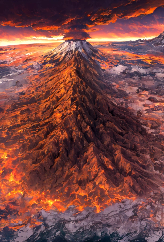 quarter top view of an island surrounded by an ocean with an active volcano at the center with gold mines, barren desert all around with villages, red sky, dark clouds