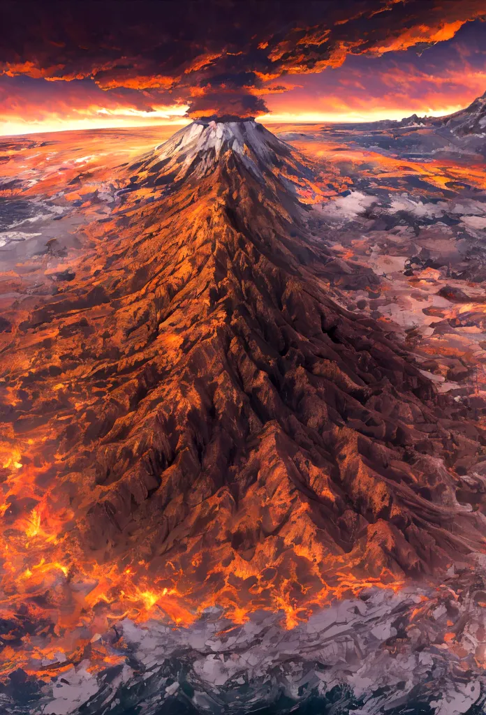 quarter top view of an island surrounded by an ocean with an active volcano at the center with gold mines, barren desert all aro...