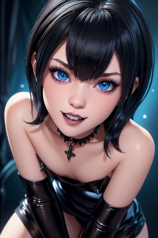 Masterpiece, Best Quality,  gothic girl ,bite,  impresionantes teeth fangs,  perfect detailed 12k, perfect asymmetrical and detailed face, blue eyes white skin ,gothic makeup,  short black hair with bangs, full HD imagen 1.2 full body