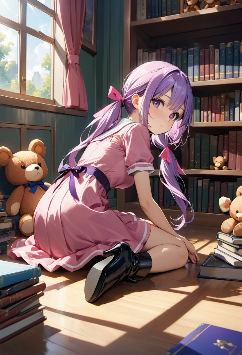 1girl, solo, dynamic angle, indoors, between legs, book, book stack, bookshelf, boots, dress, from behind, from side, hair ribbon, high heel boots, high heels, knees together feet apart, light purple hair, long hair, looking at viewer, looking back, looking to the side, low twintails, on floor, pink dress, pink ribbon, purple eyes, purple ribbon, ribbon, short sleeves, sidelocks, sitting, stuffed animal, stuffed rabbit, stuffed toy, sunlight, teddy bear, twintails, window, masterpiece, best quality