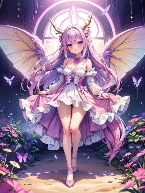 purple dress white cat fairy, pink dress fairy, farmbackground,barnbuildings,butterflywings,longpurplewavyhair,bugantennas,detai...