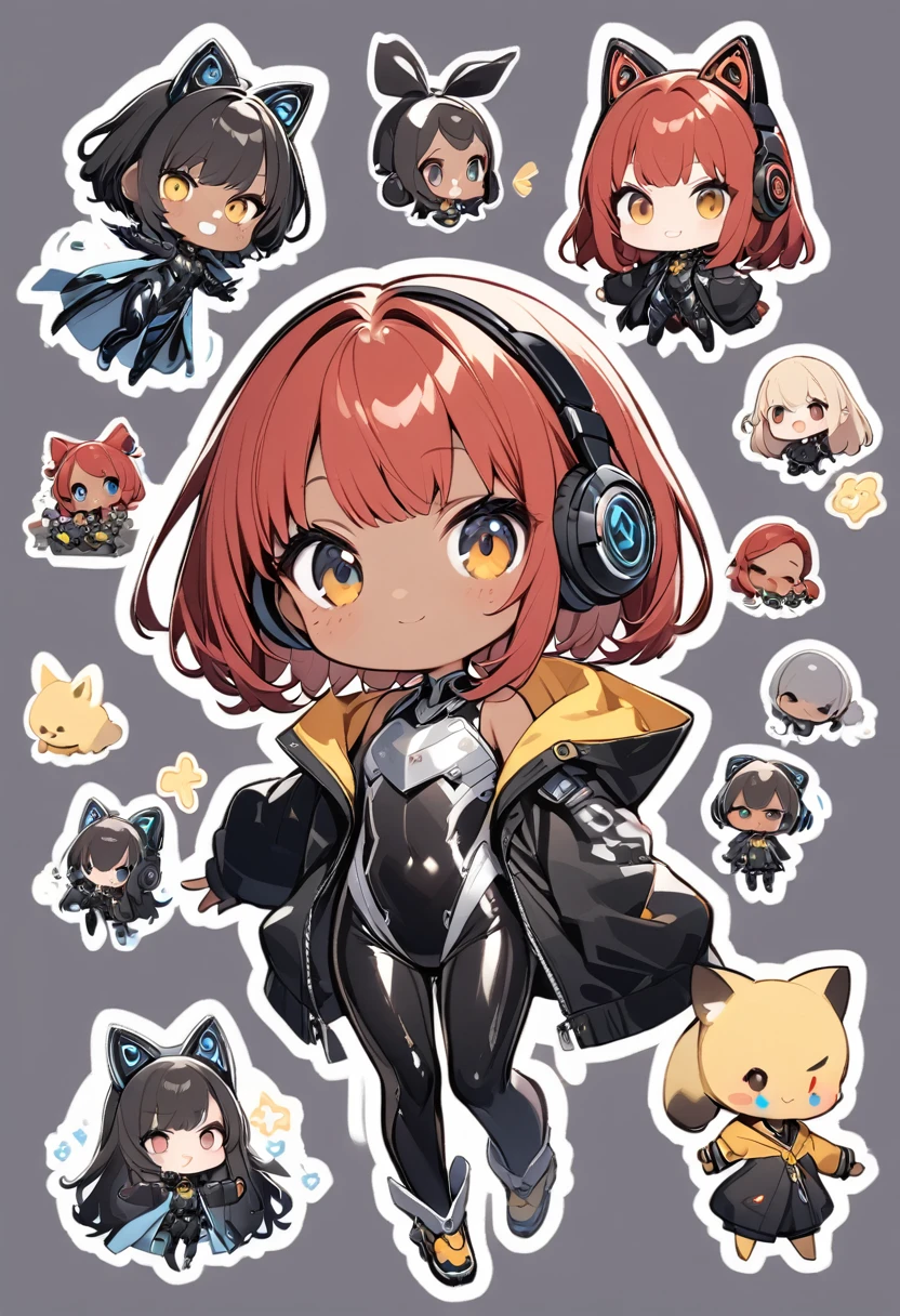 full body,1 girl,(cute:1.3),red Hair, left eye blue, right eye yellow, tan skin, freckles,｛White breastplate, Black futuristic headphones, Mechanical black glossy metallic Bodysuit, Bare shoulders, oversized jacket, Glossy, shiny material,chibi emote, chibi character, character reference 
