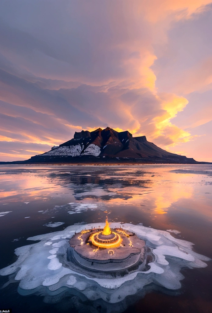 vue de dessus d&#39;une île entourée d&#39;un océan avec un volcan actif au centre avec des mines d&#39;or, désert aride tout autour avec des villages, Ciel rouge, Nuages noirs