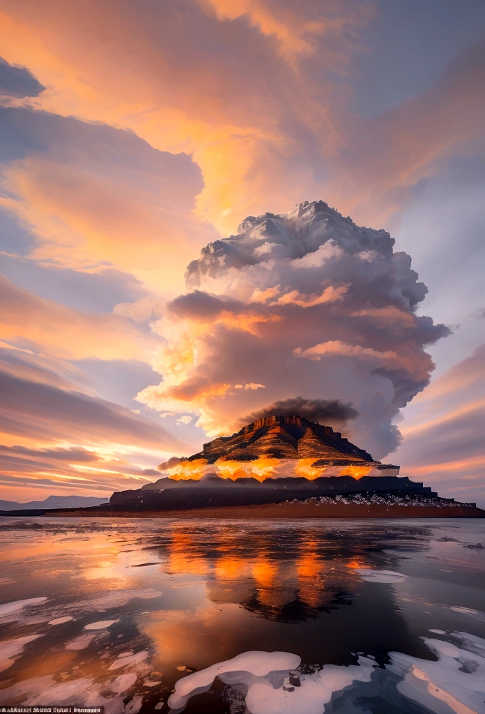 vista superior de um quarto de uma ilha cercada por um oceano com um vulcão ativo no centro com minas de ouro, deserto árido ao redor com aldeias, Céu vermelho, nuvens escuras