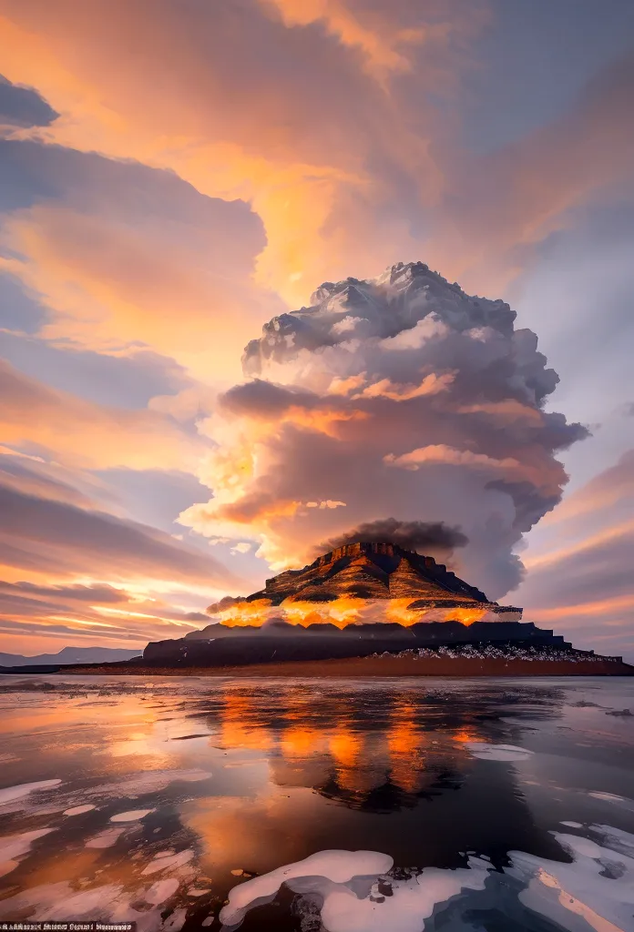 quarter top view of an island surrounded by an ocean with an active volcano at the center with gold mines, barren desert all aro...