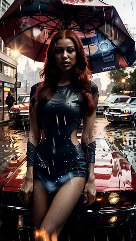 A beautiful woman redhead, with a red umbrella, in a rain day,  at blue hour, infront a clasic mustang car 70's. In a modern cit...
