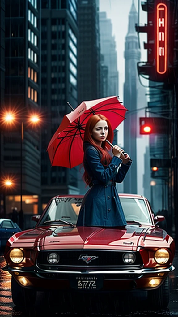 A beautiful woman redhead, with a red umbrella, in a rain day,  at blue hour, infront a clasic mustang car 70's. In a modern city, with skyscrapers. Cinematic style, light and shadows, ultra realistic, with great details. Master piece. Photography style. Wide view, american plan view.  