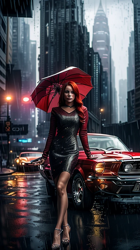 Una hermosa mujer pelirroja, Con un paraguas rojo, en un día de lluvia,  en la hora azul, frente a un auto mustang clásico de los años 70. en una ciudad moderna, con rascacielos. estilo cinematográfico, luces y sombras, ultra realista, con grandes detalles. obra maestra. estilo de fotografía. vista amplia, vista en planta americana.  