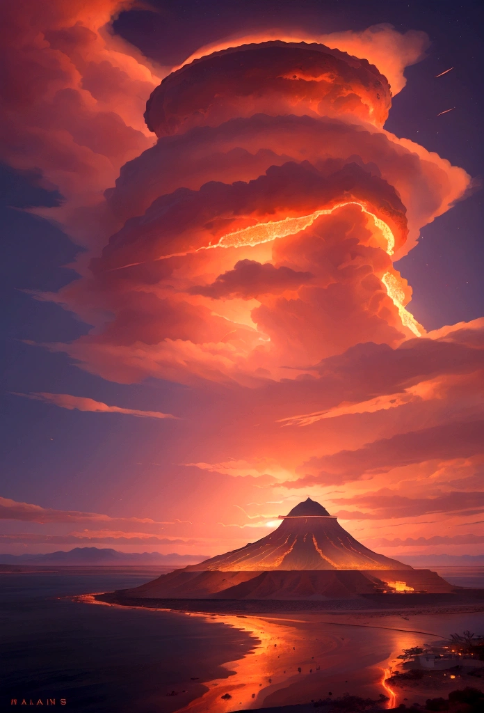 vista superior de um quarto de uma ilha cercada por um oceano com um vulcão ativo no centro com minas de ouro, deserto árido ao redor com aldeias, Céu vermelho, nuvens escuras