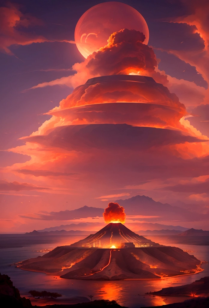 一個被海洋包圍的島嶼的四分之一頂視圖，中心有一座活火山，有金礦, 周圍都是荒蕪的沙漠和村莊, 紅色的天空, 烏雲