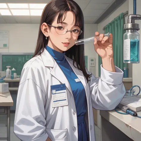 Asian scientist with small  in transparent lab coat
