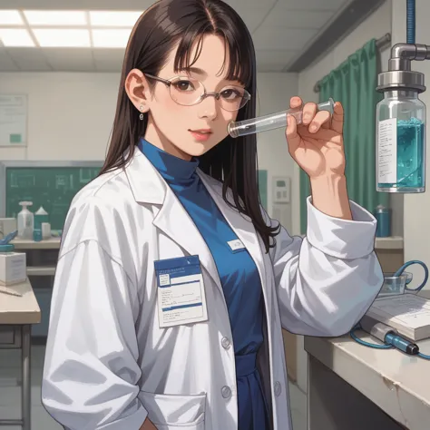 asian scientist with small  in transparent lab coat