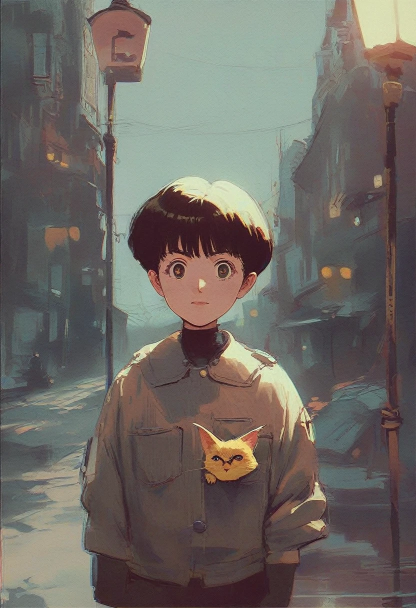 score_9, score_8_up, score_7_up, score_6_up, score_5_up, score_4_up, source_anime, 2.5D, slightly creepy cute girl, pixie cut, yellow cat-like eyes, looking out from the shadows of a streetlight in a dark residential area, retro atmosphere like that of Osamu Tezuka's work, sci-fi horror cute dark fantasy