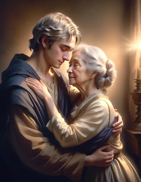 beautiful young man, old woman, romantic relationship, loving embrace, soft lighting, muted colors, tender, intimate, emotional,...