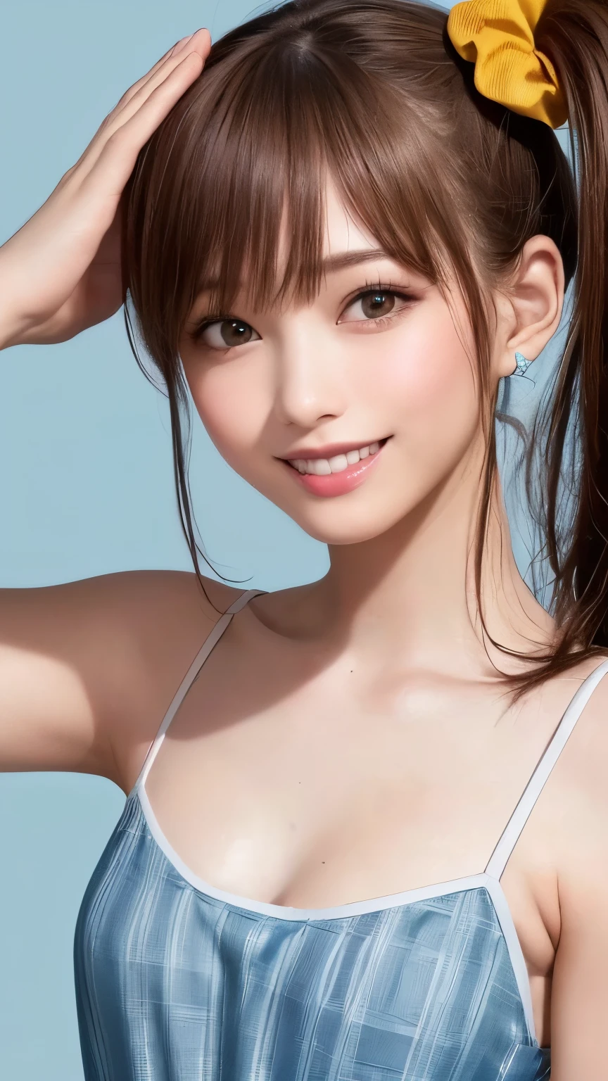 (Highest quality、8K、32k、masterpiece)、(Realistic)、(Realistic:1.2)、(High resolution)、Very detailed、Very beautiful face and eyes、1 Girl、Round and small face、Tight waist、Delicate body、(Highest quality、Attention to detail、Rich skin detail)、(Realistic、Realistic:1.37)、Bright colors、(((Brown Hair)))、(((Upper Body Shot)))、(((Medium Hair)))、(((Fair skin)))、(((White wall background)))、(((White wall background)))、(((smile)))、(((Teeth are visible)))、(((Wearing a light blue and brown checked camisole)))、(((Salute)))、(((Brown and light blue checked camisole)))、(((There is a ribbon on the chest)))、(((Side ponytail hair)))、(((Yellow scrunchie)))