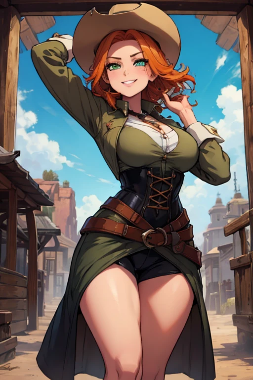 Perfect face, perfect hand. An orange haired female with green eyes and an hourglass figure in a conservative cowgirl outfit is entering a saloon with a big smile