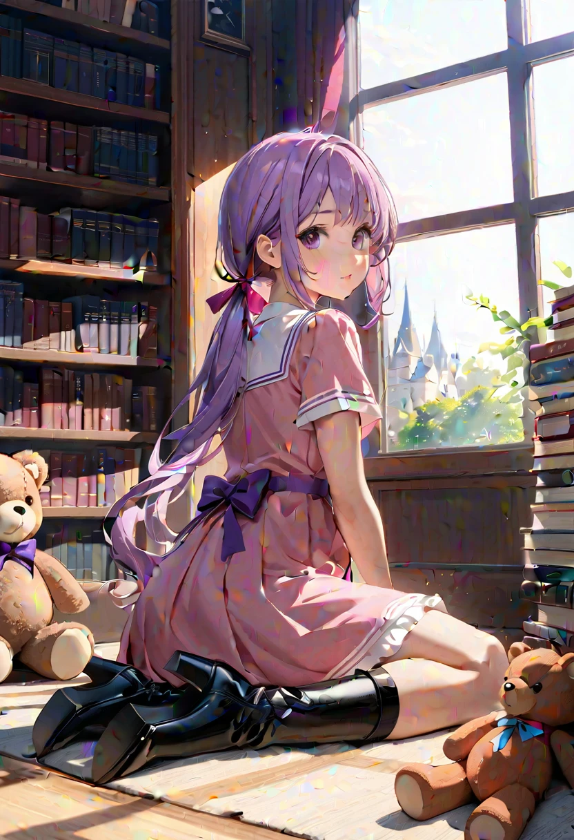 1girl, solo, dynamic angle, indoors, between legs, book, book stack, bookshelf, boots, dress, from behind, from side, hair ribbon, high heel boots, high heels, knees together feet apart, light purple hair, long hair, looking at viewer, looking back, looking to the side, low twintails, on floor, pink dress, pink ribbon, purple eyes, purple ribbon, ribbon, short sleeves, sidelocks, sitting, stuffed animal, stuffed rabbit, stuffed toy, sunlight, teddy bear, twintails, window, masterpiece, best quality