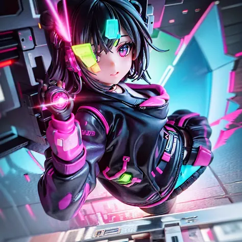 Close-up of a person holding a mobile phone in his hand, cyberpunk vibrant colors, Mixed style beeple, Cyberpunk anime girl in h...