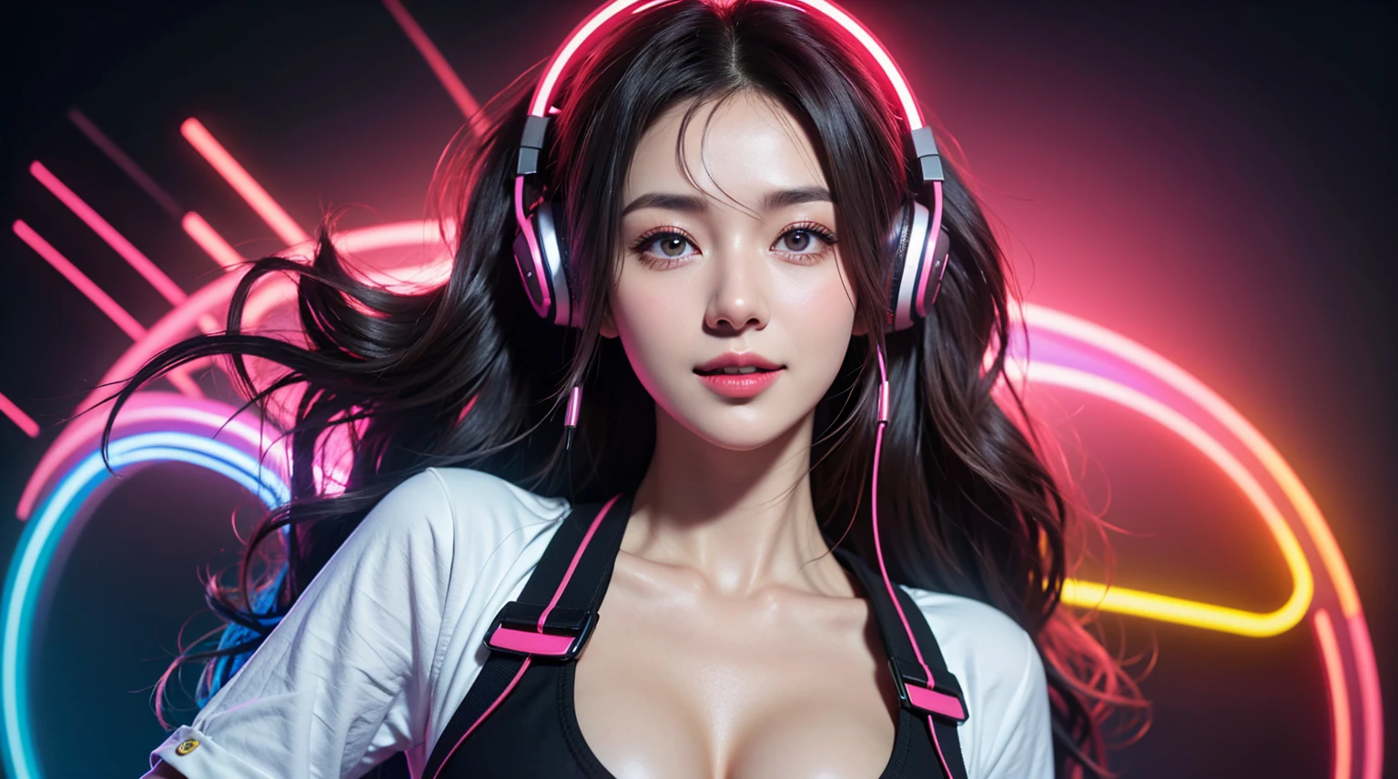 1 girl, beautiful girl DJ, Long wavy hair, face perfect, beautiful gray eyes, lush long eyes, wearing headphone, , listening to music, neon background, tight colored shirt, multicolored environments, Fine body, wide open chest, large breasted, photo of body:1.2, great smile, 8K, ultra HD, high resolution photo, work of art, top quality photo,