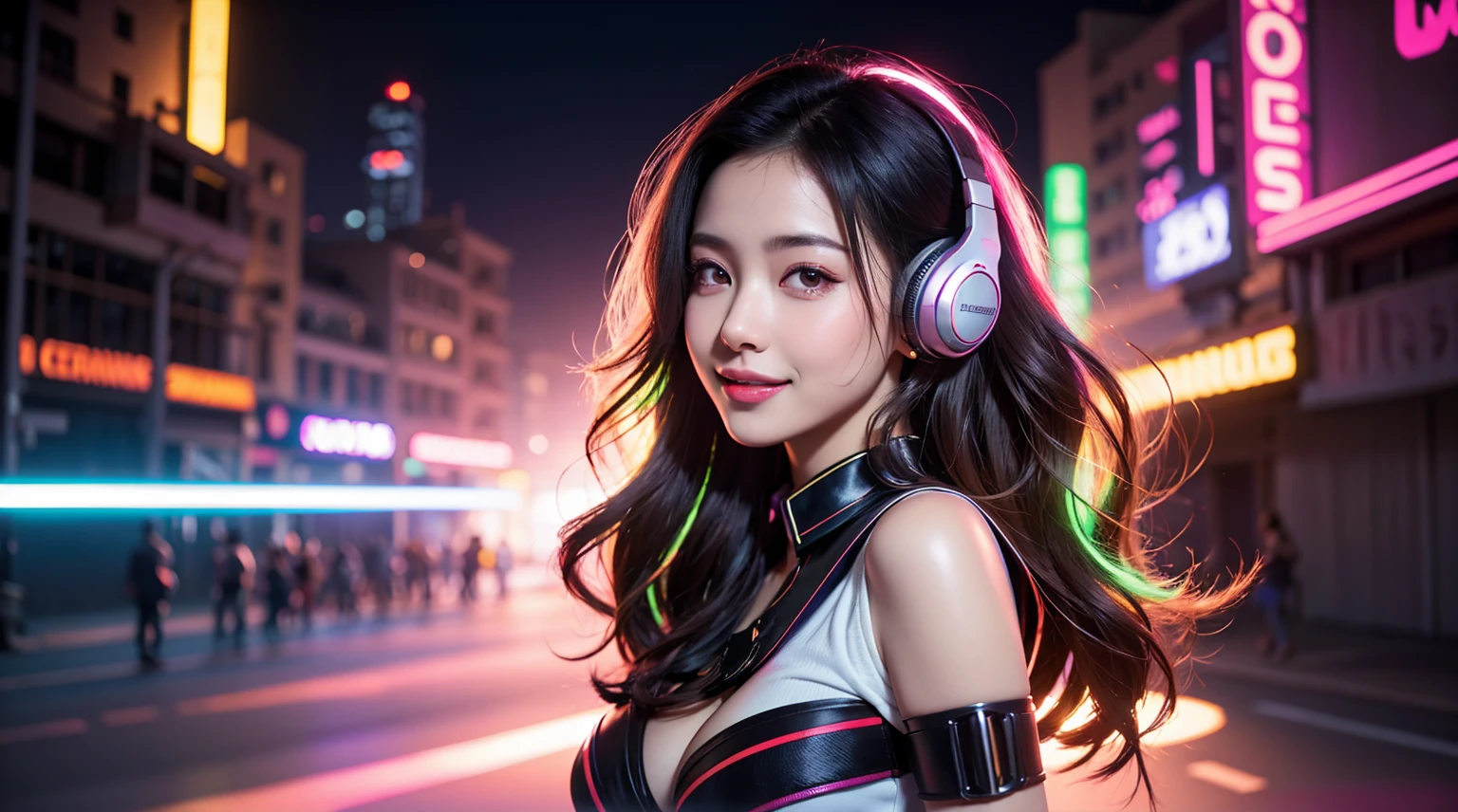 1 fille, belle fille DJ, De longs cheveux ondulés, visage parfait, beaux yeux gris, de longs yeux luxuriants, porter un casque, , écouter de la musique, fond de néon, chemise colorée moulante, environnements multicolores, beau corps, Poitrine largement ouverte, gros seins, photo du corps:1.2, grand sourire, 8k, Ultra HD, photo haute résolution, oeuvre d&#39;art, photo de qualité supérieure,