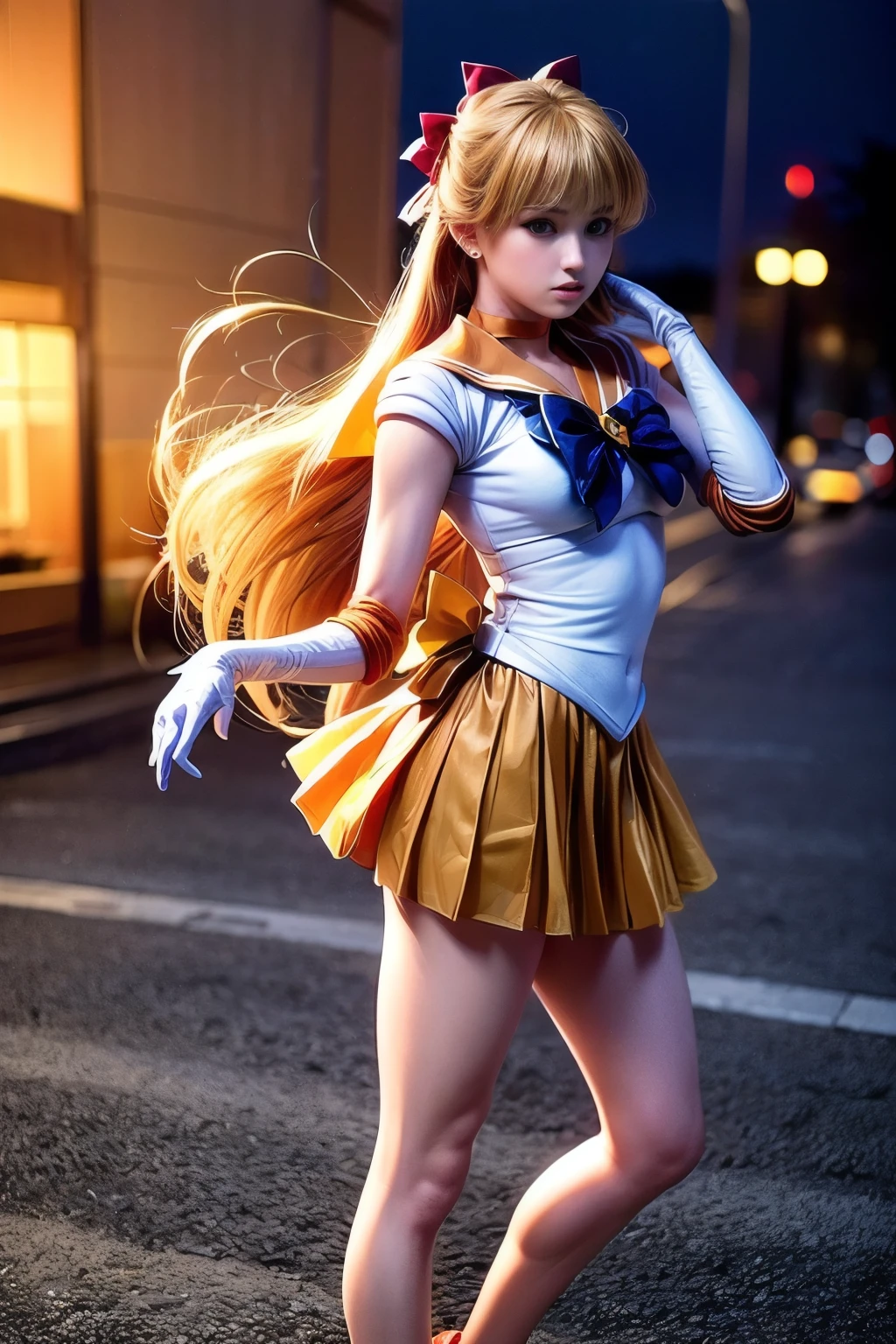 (realistic, photo-realistic:1.4), (best quality,masterpiece:1.2), RAW photo, high resolution, intricate details, extremely detailed, realistic and sharp details, cinematic lighting, (full body), frontal photography, solo, 1girl, sailor venus, sv1, MinakoAino, a Japanese female idol wearing a sailor senshi uniform, smuniform, jewelry, circlet, flower earrings, orange sailor collar, orange choker, blue neck ribbon, (white elbow gloves:1.2), orange skirt, orange ankle strap pumps, (red hair bow, blonde hair, long hair, bangs:1.5), detailed face, detailed eyes, pale skin, fine-textured skin, (perfect anatomy, prefect hands), photo background, outdoors, 