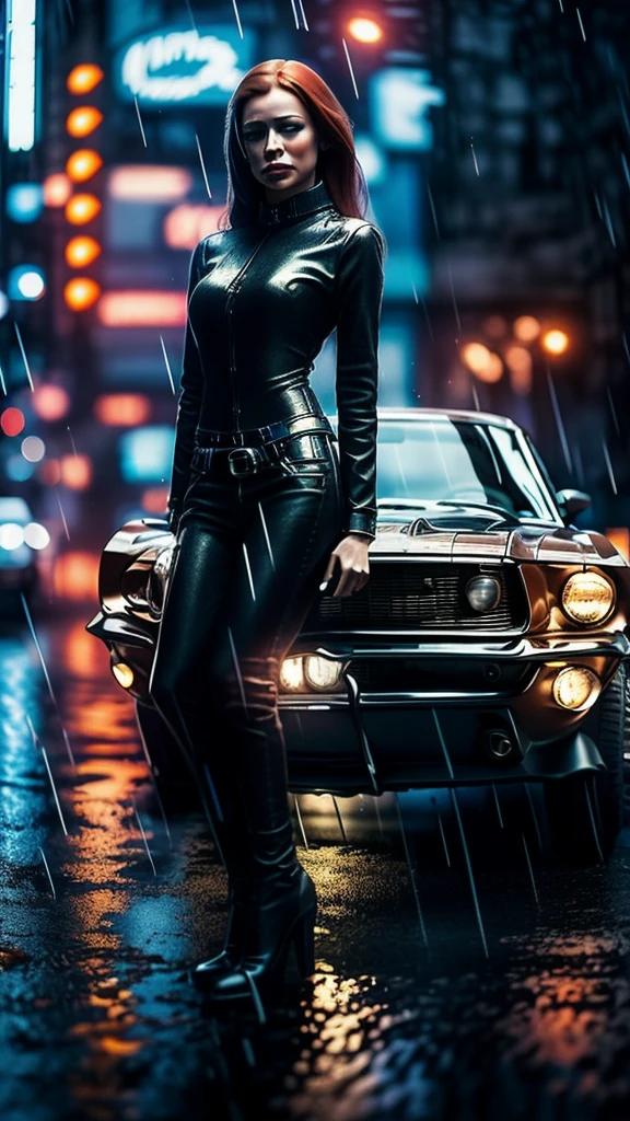 A beautiful woman redhead, in a rain day,  at blue hour. In background a clasic mustang car 70's. In a modern city, with skyscrapers. Cinematic style, light and shadows, ultra realistic, with great details. Master piece. Photography style. Wide view, american plan view.  