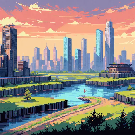 (masterpiece, best quality:1.2), pixel art,land space，haikou city，modern architecture