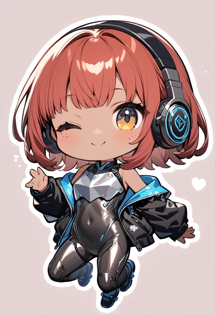 full body,1 girl,(cute:1.3),short, spiky, red Hair, left eye blue, right eye yellow, tan skin, freckles,｛White breastplate, Black futuristic headphones, Mechanical black glossy metallic Bodysuit, Bare shoulders, oversized jacket, Glossy, shiny material,chibi emote, chibi character, jumping pose
