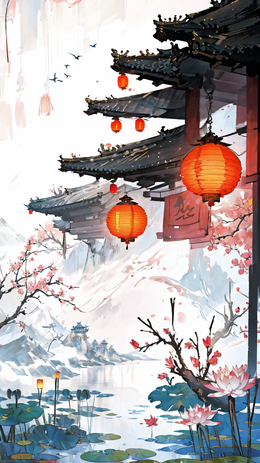  Yueyue, Landschaft, keine Menschen, Blume, Schnee, east asian die Architektur, Baum, die Architektur, Berg, draussen, traditionelle Medien, Laterne, 莲Blume, Seerosenblatt,  \(Mäßig\), Himmel