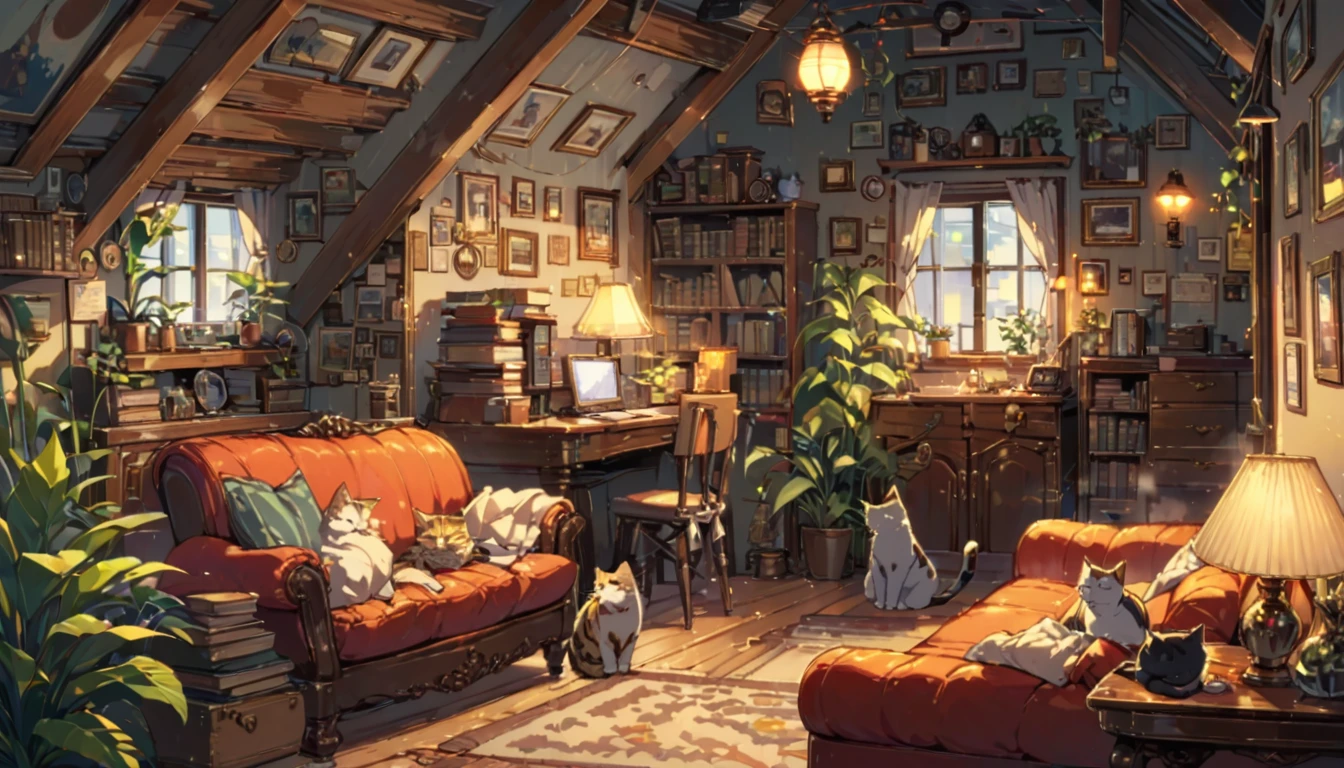 ((anime:1.4,illustration)),(masterpiece, top quality, best quality),(ultra-detailed, absolutely resolution),((16k, high res)), (((Interior, attic, books, houseplants, cat, lamp, antique furniture, sofa))), ((cosy lofi illustration:1.4)), ((anime:1.4, illustration)),(masterpiece, top quality, best quality),(ultra-detailed, absolutely resolution),((16k, high res)) BREAK {lofi art, style of Laurie Greasley, style of Makoto Shinkai, anime aesthetic}, BREAK { (produces images with information than 40 million pixels with cinematic-like detailed textures shot on a Sony SLR).}